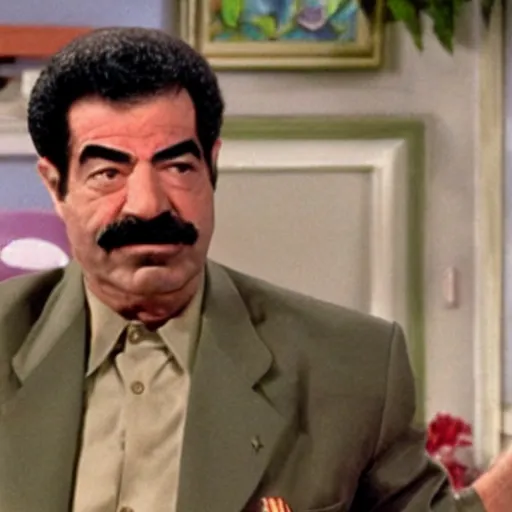 Image similar to A still of Saddam Hussein in a 1980s sitcom