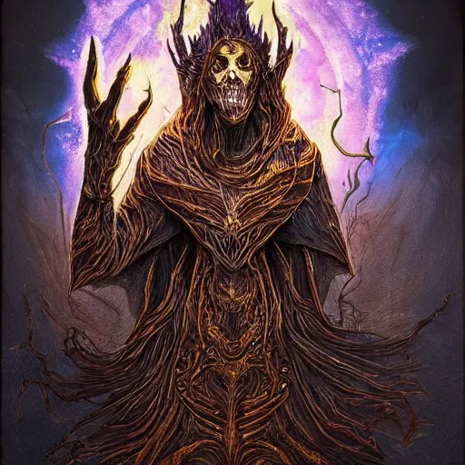 Prompt: powerful undead warlock crowned, expressive movement of hands casting a magic spell, otherworldly color palette, subtle layers veins, arcane rune symbols, ultra fine detail, Artstation trending, hyper realism, raytracing, highly detailed and intricate, golden ratio, dark gradient ink with intricate designs, hypermaximalist, elite, horror, ominous, haunting, majestic, ephemeral, epic mythology, cinematic, cgsociety, in the style of Midjourney, H.R. Giger, Zdzisław Beksiński and Douglas Barlowe, 8k