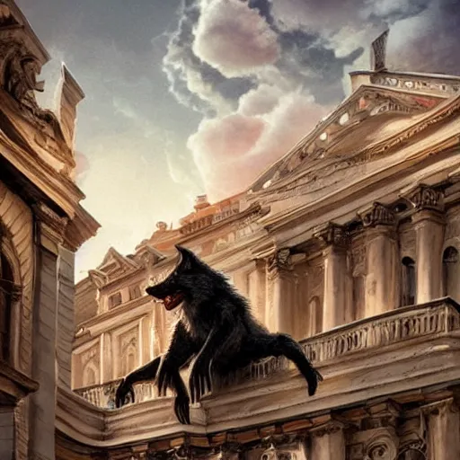 Image similar to werewolf highly sitting on the opera house at lviv, panorama, highly detailed, full body, digital painting, trending on artstation, concept art, sharp focus, illustration, art by artgerm and greg rutkowski and magali villeneuve