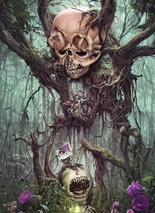 Image similar to Alice meets the Cheshire Cat in the forest, death tarot card,highly detailed,half skull face,cinematic,8k,by Stanley Artgermm,Tom Bagshaw,Greg Rutkowski,Carne Griffiths, Ayami Kojima, Beksinski, Giger,trending on DeviantArt,hyper detailed,horror, full of colour