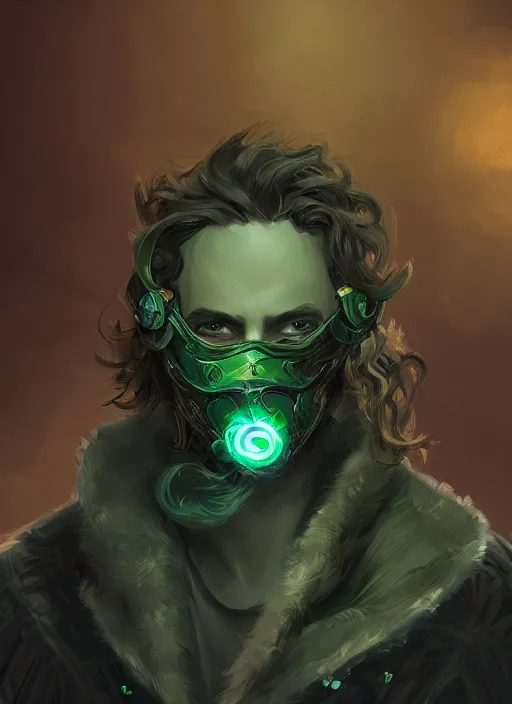 Image similar to a highly detailed illustration of young thick wavy messy haired guy wearing mechanical green face mask and brown noir coat, dramatic bored expression, intricate, elegant, highly detailed, centered, digital painting, artstation, concept art, smooth, sharp focus, league of legends concept art, wlop