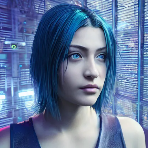 Image similar to “hyperrealistic ultra detailed unreal engine 5 RTX raytracing nvidia hairworks render of portrait of the most beautiful girl with blue eyes. She is in heavens cyberpunk greenhouse. futuristic. cinematic. very high detailed. By Charli Amani. By Tsubasa Nakai. Photorealistic render”