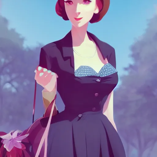 Image similar to a beautiful woman in 1950\'s fashion, park landscape, 4k, anime key visual, lois van baarle, ilya kuvshinov, rossdraws, artstation