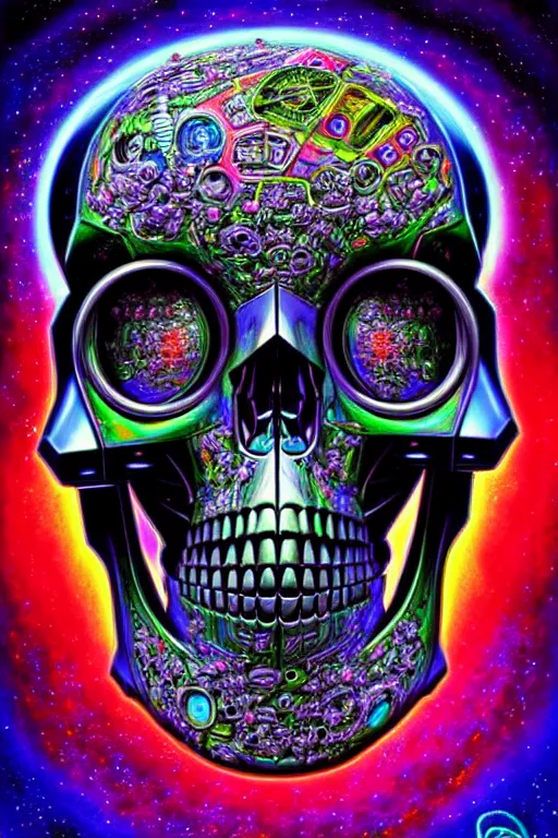 Image similar to maximalist detailed scifi robot skull portrait. lowbrow scifi artwork by kidsquidy and binx. ly. ray tracing hdr polished sharp in visionary psychedelic fineart style inspired by alex grey and cameron gray