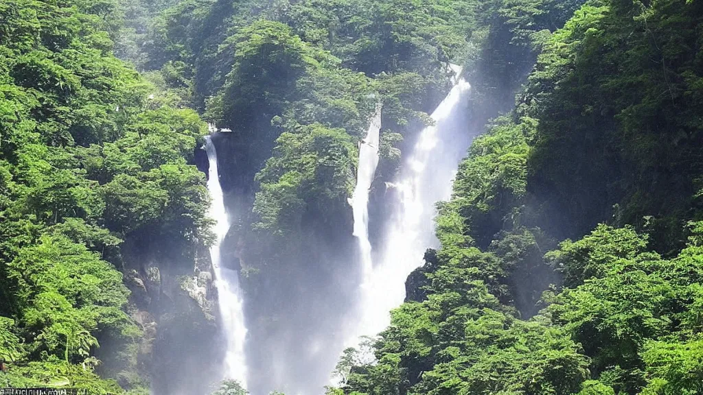 Image similar to the incense burner in the sun produces purple smoke, and the waterfall hangs on the front river ， the current flowed down three thousand feet, and it was suspected that the milky way had fallen for nine days