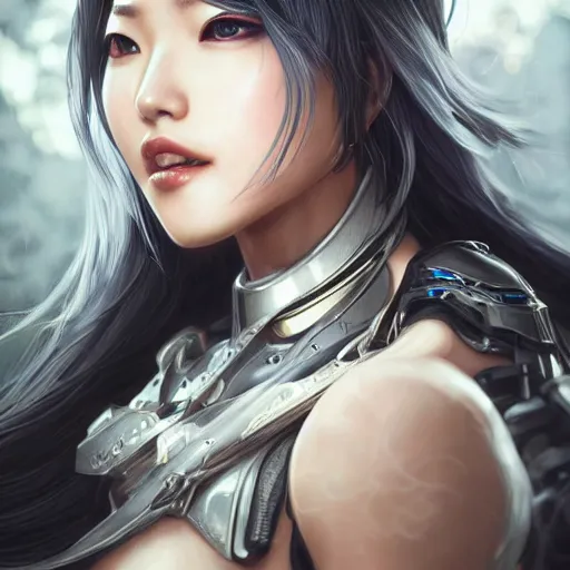 Image similar to ultra realistic illustration of cyborg song hye - kyo, warframe, intricate, nier automata, sunset, white hair, elegant, highly detailed, digital painting, artstation, concept art, smooth, sharp focus, illustration, art by artgerm and akihiko yoshida and alphonse mucha