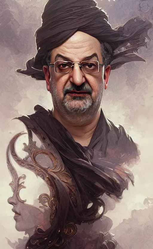 Image similar to portrait of salman rushdie, deep focus, d & d, fantasy, intricate, elegant, highly detailed, digital painting, artstation, concept art, matte, sharp focus, illustration, art by artgerm and greg rutkowski and alphonse mucha