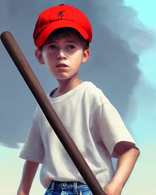 Prompt: a young boy wearing a horizontal striped shirt and a red baseball cap and jean shorts, holding a baseball bat, digital painting, artstation, concept art, sharp focus, octane render, illustration, art by wlop,