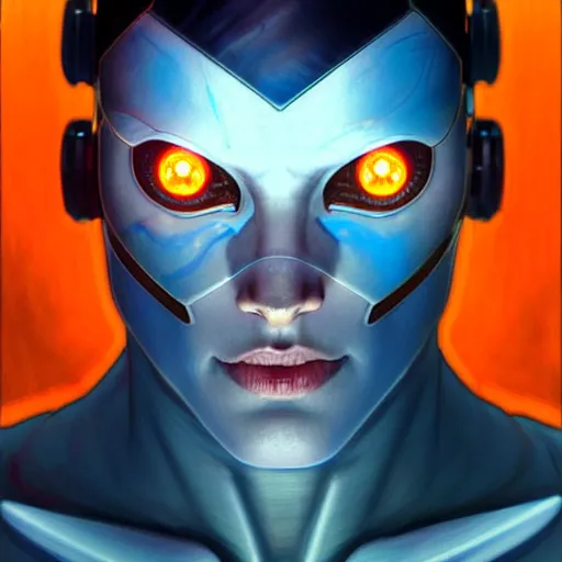 Image similar to cyborg, male, orange eyes, blue diodes, science fiction, highly detailed, digital painting, beautiful eyes, symmetry, concept art, sharp focus, illustration, art by artgerm and greg rutkowski and magali villeneuve and ilya kuvshinov! : : alphonse mucha : : - 0. 2