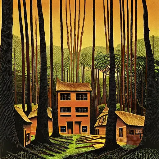 Image similar to an ancient village in the woods, painting by jeffrey smith