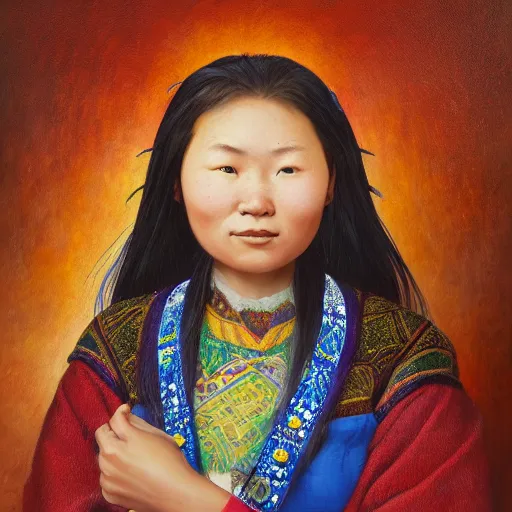 Prompt: portrait of a young yakuts woman ( 3 5 ) from yakutia, sakha republic, russia in 2 0 2 1, an oil painting by ross tran and thomas kincade