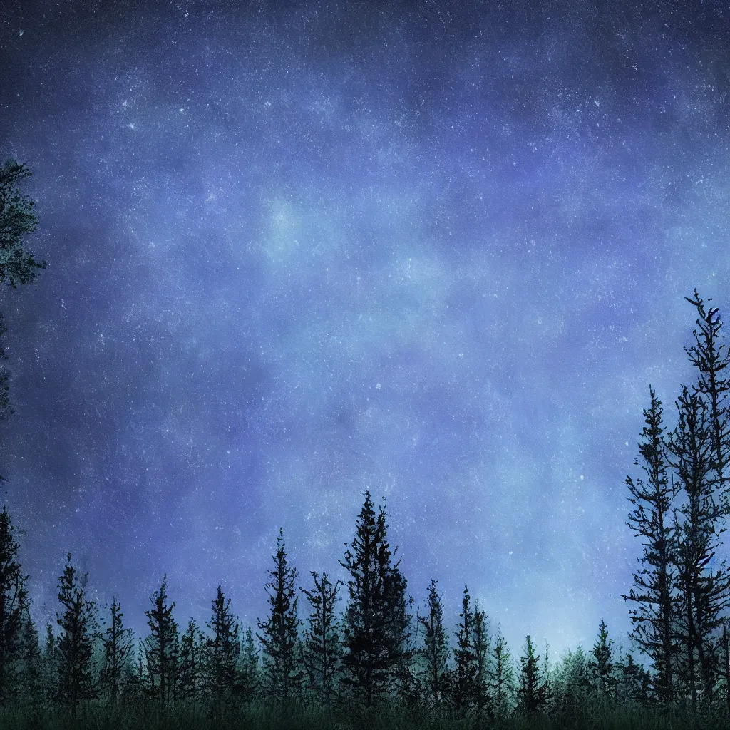 Image similar to night forest, stars, moon, blue light, 8 k, realistic