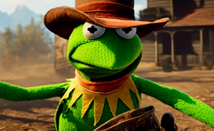 Image similar to kermit the frog in red dead redemption 2, cinematic shot