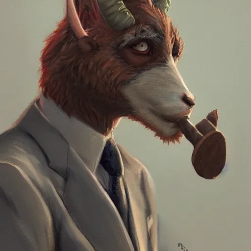 Image similar to award winning character art commission of an anthro furry humanoid goat smoking a cigar, three piece suit, character concept design, painting, detailed, vivid, trending on artstation, art by greg rutkowski