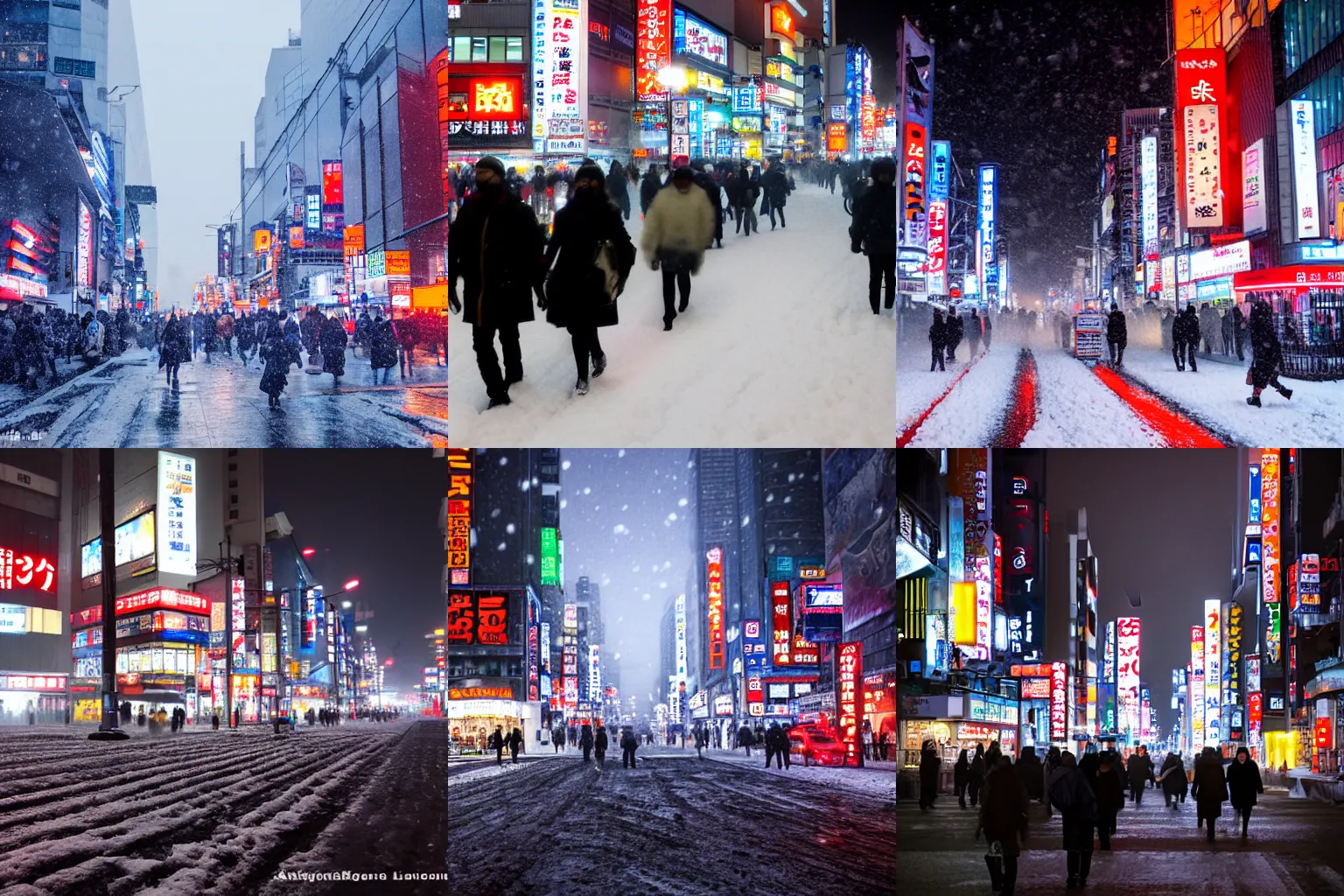 Prompt: Akihabara on a snowy night, orange lights, fog