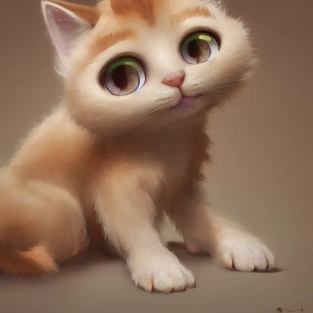 Image similar to a painting of a cute light beige kitten with brown ears and brown face and brown legs and brown tail. white paws. big eyes. character design by cory loftis, fenghua zhong, ryohei hase, ismail inceoglu and ruan jia. volumetric light, detailed, rendered in octane