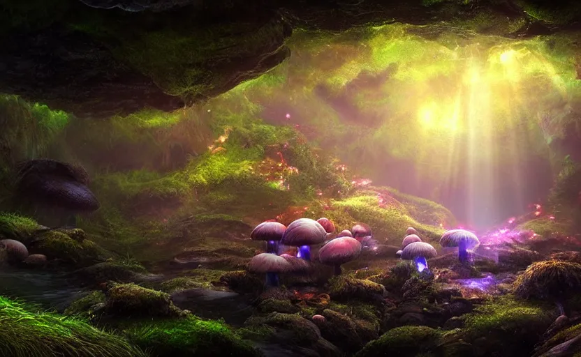 Image similar to a beautiful and stunning professional digital artwork of a glowing mushroom cave, haze, spores floating in the air, waterfall, volumetric lighting, hyperrealistic, rtx on, ultra detail