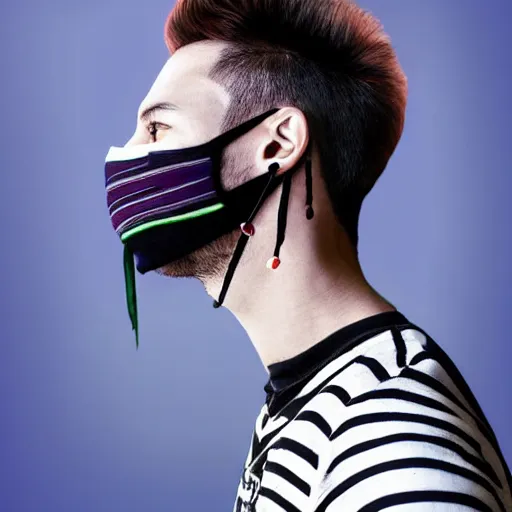 Image similar to professional digital art of a stylish young adult man with short dyed hair, a black face mask, earrings, and striped clothes, high quality, HD, 8K, highly detailed, award-winning, sci-fi, fantasy, movie character, dark purple clouds