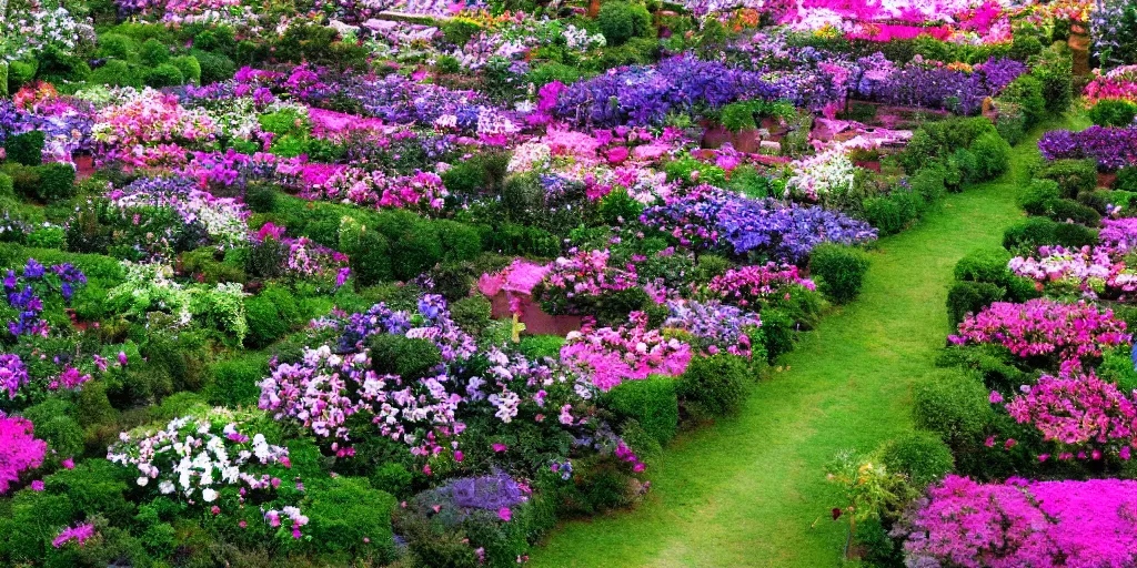 Image similar to walled garden full of flowers cinematography