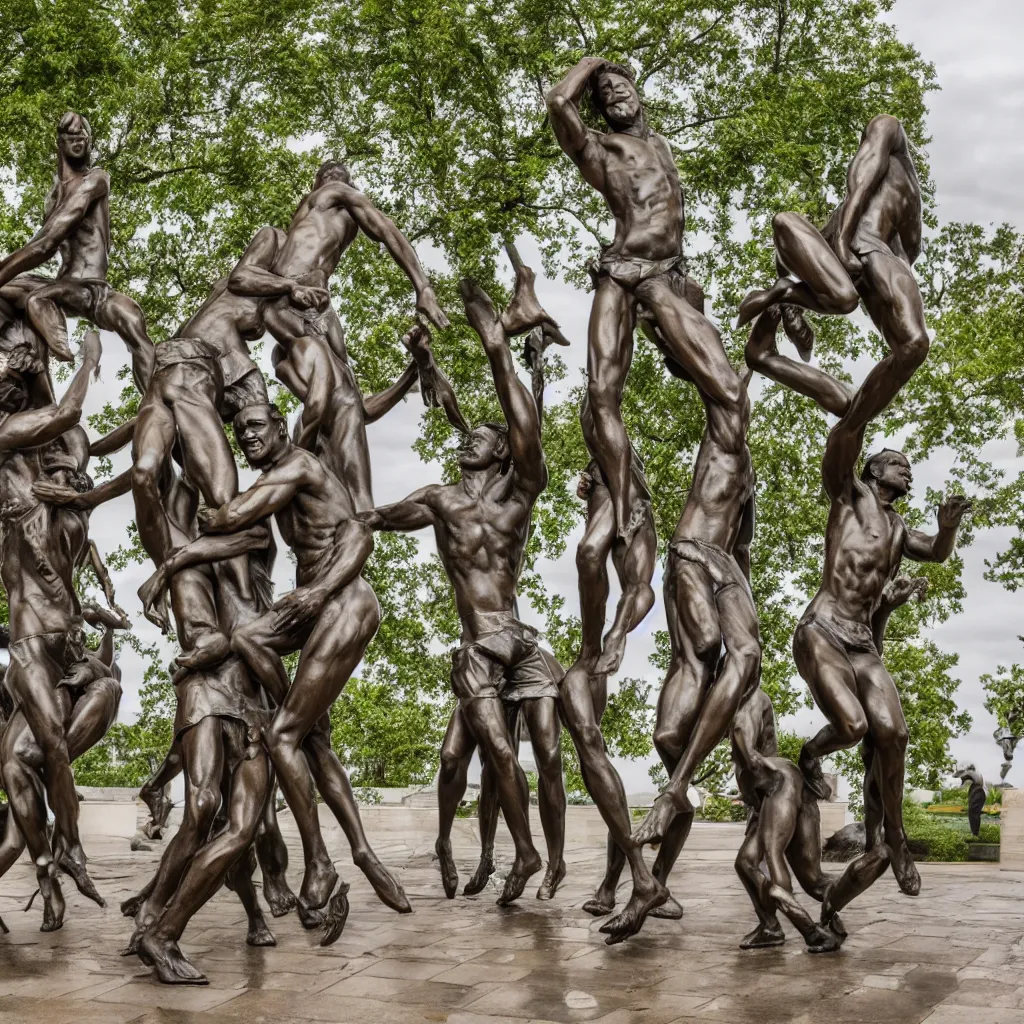 Prompt: utterly breathtaking sculpture of raining men, bronze sculpture, outdoor sculpture garden, HD, 8K, 4K, professional photography, Sigma 18-35mm,