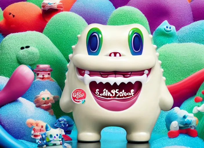 Prompt: Colgate Sanrio creature with a big smile, toothpaste blast, 3D physical tactile illustration vintage, toothpaste advertisement poster printed CMYK ink colored lithography, big smiling perfect teeth shiny porous skin, fluid toothpaste covering everything