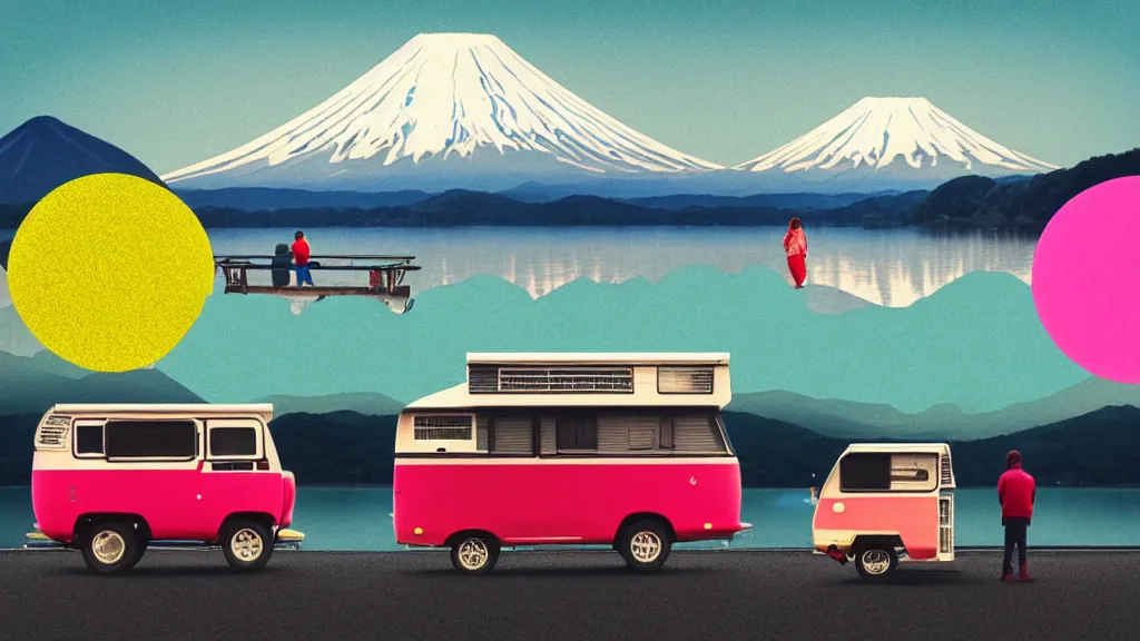 Prompt: a scene of two travellers and their camper touring at the edge of yamanaka lake, reflecting mount fuji, japan, a collage painting, in the style of wes anderson, lola dupre, david hockney, isolated on negative white space background dark monochrome neon spraypaint accents volumetric octane render