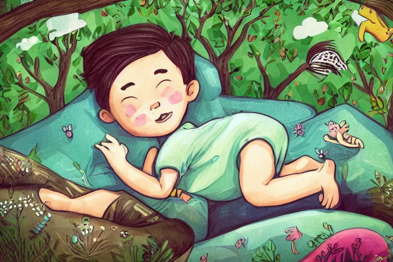 Prompt: a beautiful illustration of a little cute boy on his bed dreaming about a beautiful green forest with lots of different animals, detailed face, beautiful colors, digital art