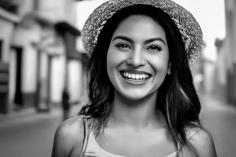 Image similar to still photo of a beautiful mexican woman smiling at the camera on the street, black and white color aesthetic, highly detailed, photorealistic portrait, bright studio setting, studio lighting, crisp quality and light reflections, unreal engine 5 quality render