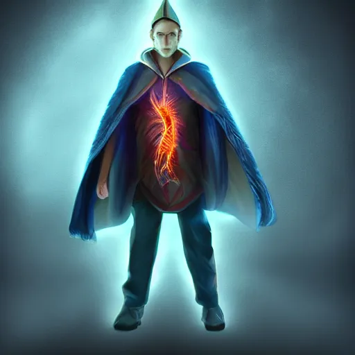 Image similar to a male wizard, glowing, frontal view, cool looking, high resolution, photoshop