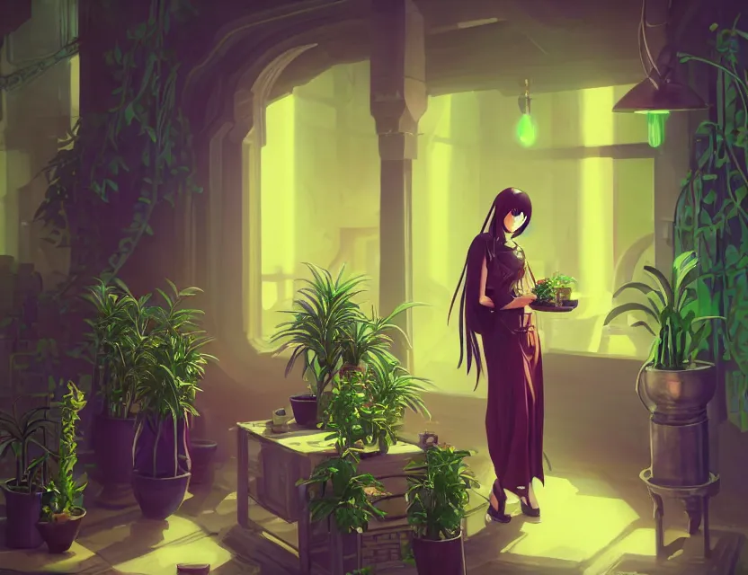 Prompt: middle eastern scifi alchemist in a well - lit study with potted plants, wearing a lovely dress with cyberpunk elements. this oil painting by the award - winning mangaka has an interesting color scheme and impeccable lighting.