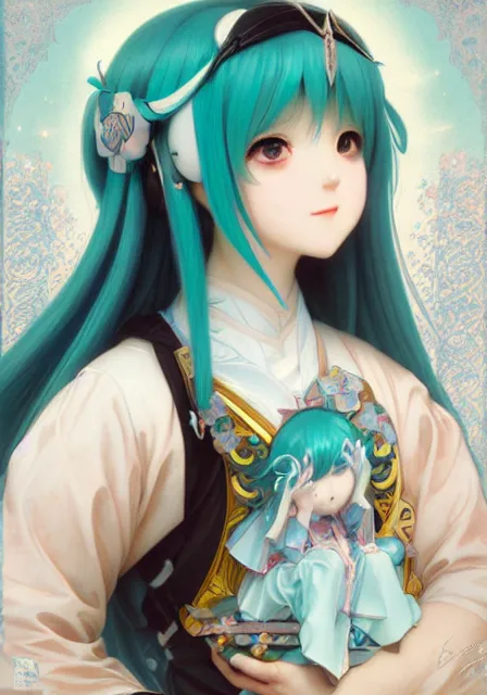 Image similar to hatsune miku and cinnamoroll, intricate, elegant, highly detailed, digital painting, artstation, concept art, smooth, sharp focus, illustration, art by artgerm and greg rutkowski and alphonse mucha and william - adolphe bouguereau