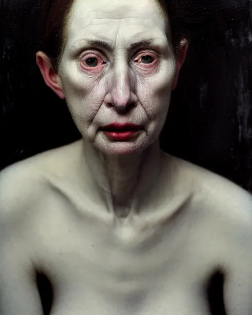 Image similar to a close up portrait a very ordinary underweight middle - aged woman with an blank expression, by joel peter witkin and sarah moon, very pale translucent skin, very blurry, foggy, oil painting, photorealistic, anatomically correct, beautiful perfect face, visible brushstrokes, sharp focus, highly detailed, cinematic lighting, 8 k, hd