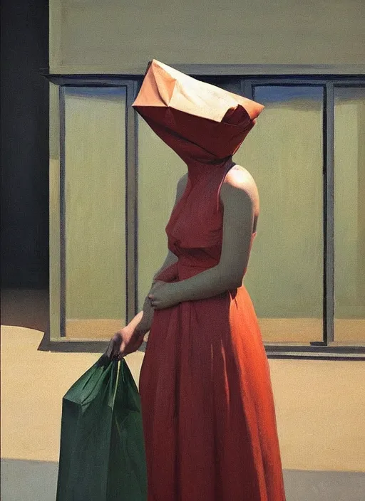 Image similar to woman in dress made from plastic bag with paper bags for clothes standing inside paper bags with paper bag over the head at store display Edward Hopper and James Gilleard, Zdzislaw Beksinski, highly detailed