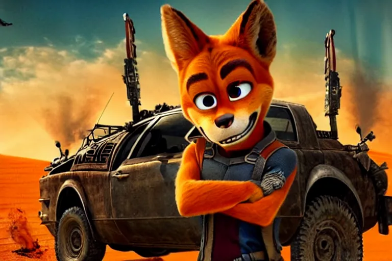 Image similar to nick wilde, heavily armed and armored facing down armageddon in a dark and gritty reboot from the makers of mad max : fury road