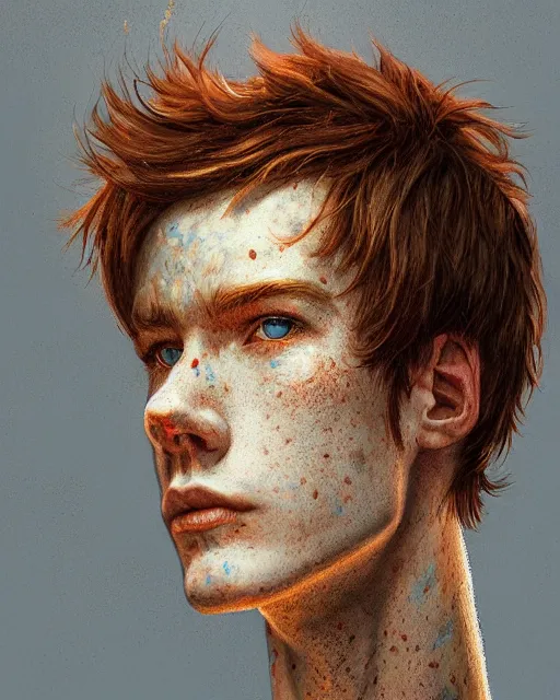 Prompt: portrait of tall, thin, 1 5 - year - old boy with a long nose, a lot of freckles, fiery red hair, and bright blue eyes, hyper realistic face, beautiful eyes, fantasy art, in the style of greg rutkowski, intricate, hyper detailed, smooth