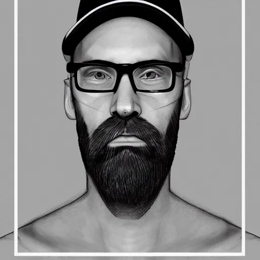 Prompt: portrait of a young, bald, bearded, and tattooed man, wearing glasses and a hat, digital painting, highly detailed, trending on artstation, by Alicia France and Calum Stevenson