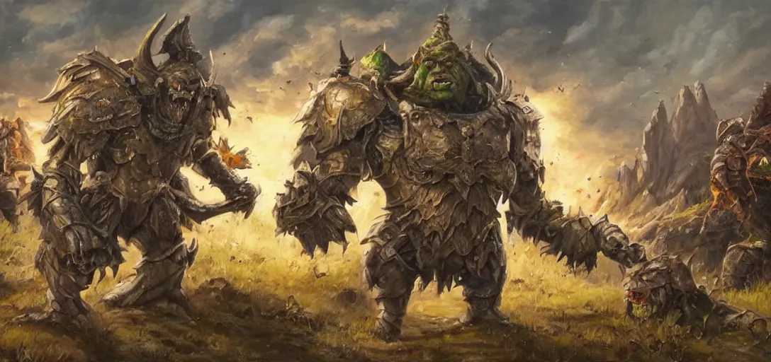 Image similar to oil painting of single giant conquering orc in full sci - fi armor roars as it steps over it's fallen enemy's bodies