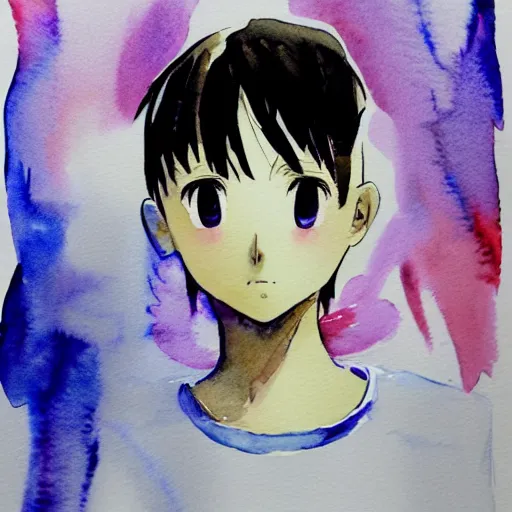 Prompt: water color portrait of cute sad anime