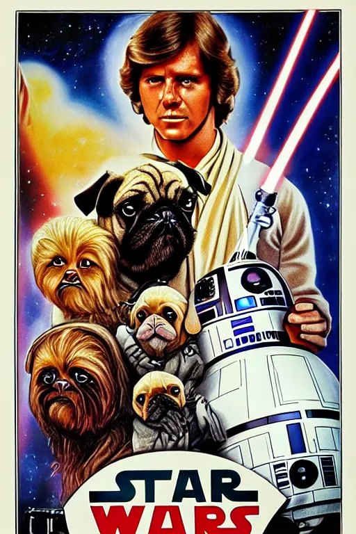 Image similar to vintage 1 9 7 7 star wars episode iv a new hope movie poster, with pugs instead of people