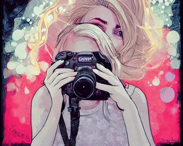 Prompt: pale young woman with bright blonde hair, freckles, gray eyes and a wide face, flowery dress, she is holding a professional dslr camera close to her face with one hand, dramatic lighting, bright flare, expressive, surrealist art by conrad roset