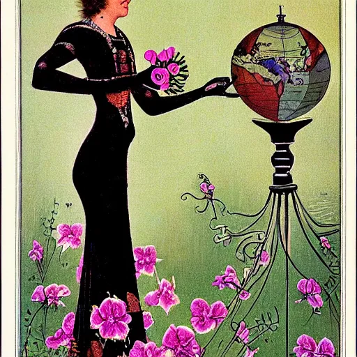 Prompt: a royal portrait of a cyborg woman. she holds a globe in one hand and flowers in the other. illustrated by burton rice. black orchids. 1 9 1 2.