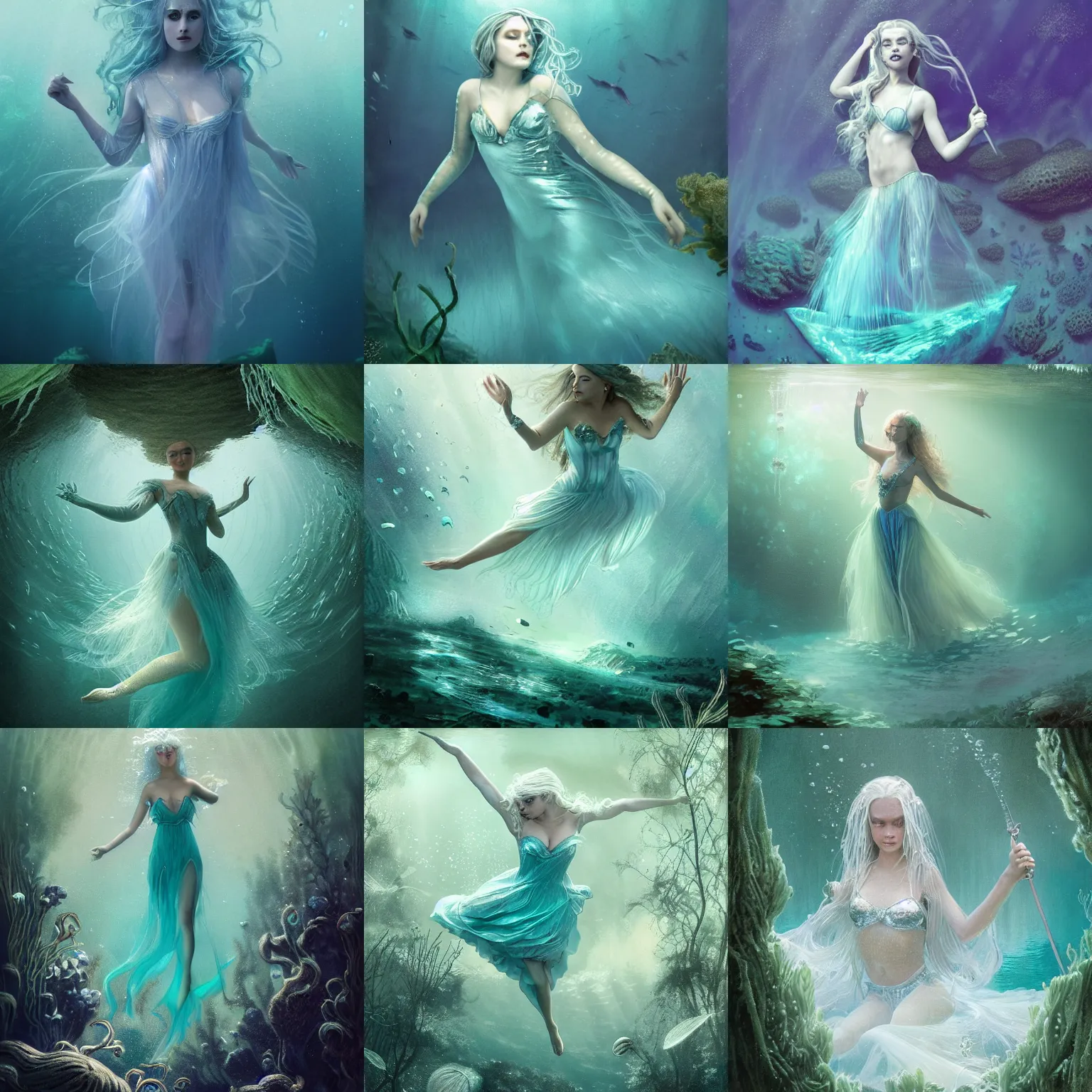 Prompt: A silver haired mad princess, dressed in a beautiful, fancy silver dress, floathing underwater in a lake, mystical, atmospheric, greenish blue tones, underwater photography, concept art by Annie Stegg Gerard, Ian David Soar, John Anster Fitzgerald, and Greg Rutkowski