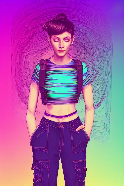 Image similar to a award winning half body portrait of a beautiful woman with stunning eyes in a croptop and cargo pants with ombre purple pink teal hairstyle and hands in pockets by thomas danthony, surrounded by whirling illuminated lines, outrun, vaporware, shaded flat illustration, digital art, trending on artstation, highly detailed, fine detail, intricate