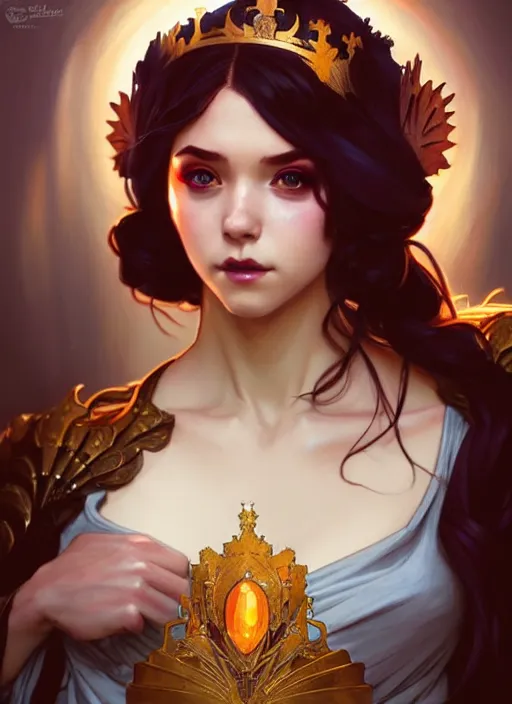 Prompt: rolyat as queen, incredibly detailed face, pretty face, light dress, true anatomy, art by artgerm and greg rutkowski and alphonse mucha