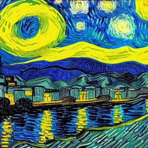 Image similar to asheville skyline in the style of starry night, by vincent van gogh