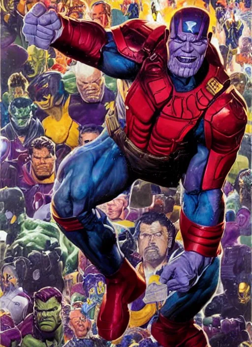Prompt: full body and head portrait of josh brolin as marvel thanos, dynamic action, painted by norman rockwell and phil hale and greg staples and tom lovell and frank schoonover and jack kirby