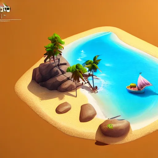 Prompt: Isometric 3D Fantasy Cute Beach, Smoth 3D Illustration, soft render, Servando Lupini, handpaint texture, Blender, 3DCoat