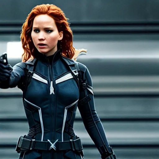 Image similar to A still of Jennifer Lawrence as Black Widow