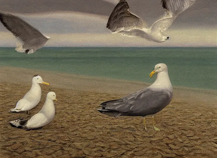 Prompt: seagull, beach, painting, fine art, hard edge painting, tonal colors, polychromatic - colors, by richard dadd