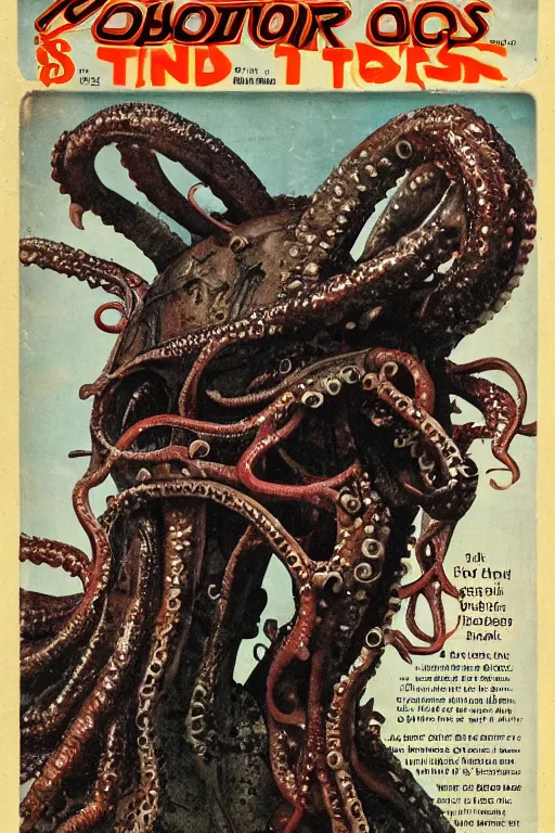 Prompt: photo of poor condition, torn, stained, vintage pulp scifi science fiction magazine cover showing upper body portrait of a monster with tentacles coming from its head, 4 k, high definition